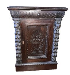 18th- Century Oak Carved Cabinet With Lion Heads And Carved Fruit Basket