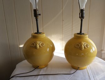 Pair Of Vintage Magnificent Yellow Pottery Lamps With Ram Heads