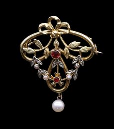 Antique 14K Yellow GOLD, Garnet And Pearls Pin/pendant