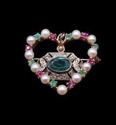 Antique 14kt. Heart Shape Pearls, Natural Ruby's, Emerald's And Small Diamonds Pin/pendant - Shipping