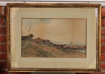Vintage Watercolor Of A Water Scene With Sailboats