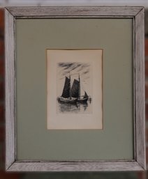 Beautiful Lithograph Of A Pair Of Sailboats In Black And White
