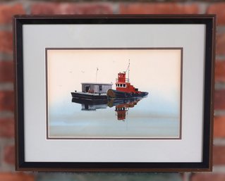 Original Watercolor Water Scene Tugboat