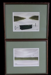 Vintage Pair Of  Original Watercolors And Ink Paintings