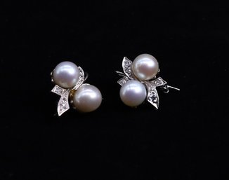 14k White GOLD Earrings With Pearls And Natural Diamonds- 5.6GramsTW