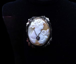 14kt White GOLD Vintage Cameo With Diamond Pin/pendant-11.4 GramsTW