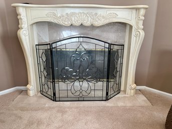 Clear Beveled Stain Glass With With Metal Firescreen