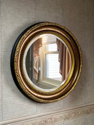 Fantastic Round Gilded And Black Mirrorwith Beveled Glass 34'D
