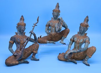 Set Of 3 Vintage Bronze Tibetan Statue Musicians Playing Instruments