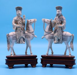Pair Of Antique Carved Bone Chinese Warriors On Horseback