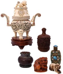 Eclectic Collection Of Asian Style Censor, Snuff Bottles And More
