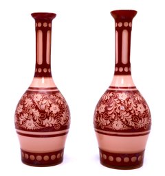 Antique  Pair Bohemian Etched Cased Glass Bottle And Ruby Cut To Cranberry To Pink
