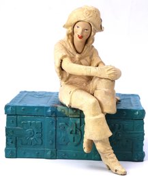 RARE Fantastic Vintage Cast Iron And Wood Box With Cowgirl