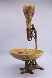 Vintage Rare Art Nouveau Style Epergne Porcelain & Brass Centerpiece