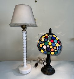 Vintage Bohemian Style Desk Lamp And Milk Glass With Bobbles- Shippable
