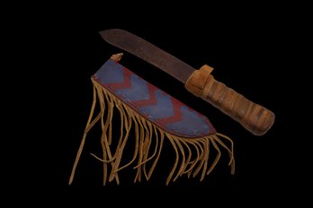 Antique Knife With Leather Handle And Leather Sheath With Fringe