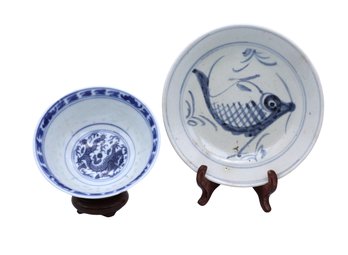 Antique Plate With Carp And Antique Rice Bowl-SHIPPABLE