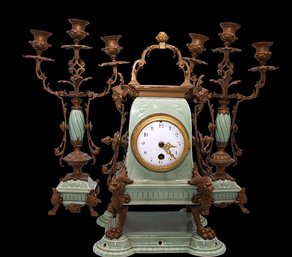 19th C.- 3 Piece Herman Seger For KPM  German Porcelain Clock And Candelabra Set- All Signed