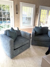 Pair Of Custom Swivel Chairs In A Plush Denim Blue