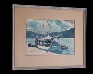 Mid Century Watercolor St. Thomas Water Scene- Signed-shippable