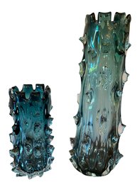 Vintage Heavy Art Glass Clear Over Turquoise By Lazy Susan Thorn Vases- Shippable