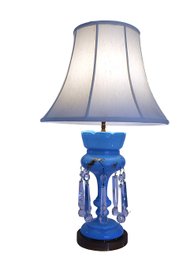 1920's French Blue Opaline Glass Table Lamp With 7 Unique Prisms -shippable