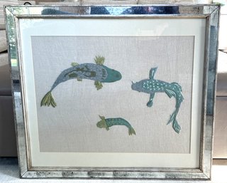 Hand Embroidered On Fabric Koi Fish With Mirrored Frame