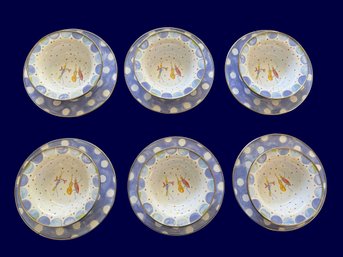 Six Vintage Mackenzie Childs HTF Blue And White Polka Dot Cricket Insect Enamel Bowls-shippable