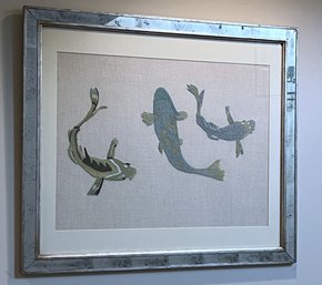 Hand Embroidered On Fabric Koi Fish With Mirrored Frame