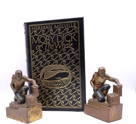 Vintage Pirate Bookends & Collectors Edition Leather-bound MOBY DICK Book-SHIPPABLE