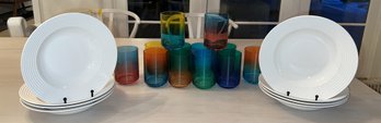 8 Kate Spade 'Wickford' Lenox Bowls And 12 Gradient Hand Blown Colored Glasses-shippable