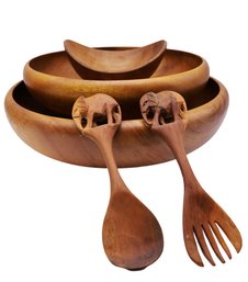 Mid Century Wooden Serving Bowls With Elephant Themed Serving Utensils -SHIPPABLE