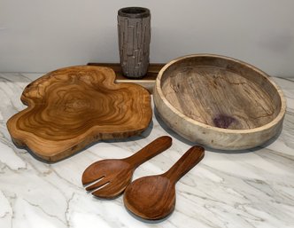 Tree Slab, Wood Utensils, Wooden Bowl And Ceramic Modern Vase -shippable