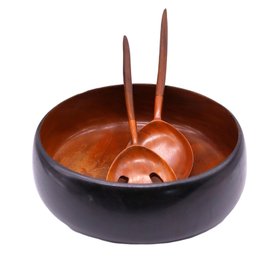 Mid Century Wooden Bowl With Utensils- Shippable