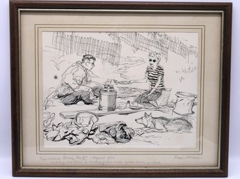 Original INK Sketch FIRE ISLAND N.y. Beach Party Drawing Circa 1942- Signed -Shippable