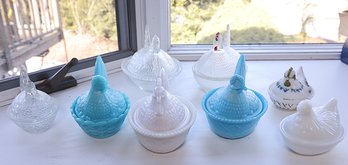 Collection Of Vintage Covered Milk Glass Chicken Dishes  -shippable