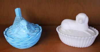 Heisey Bird And Westmoreland Dog On Bed Covered Dishes- Shippable