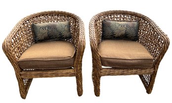 Pair Of Woven Rattan Barrel Chairs With Cushions