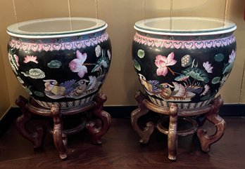 Matching Pair Of Vintage Chinese Porcelain Fish Bowl Planters