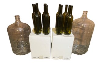 Two Five Gallon Glass Jugs And Unused Wine Bottles
