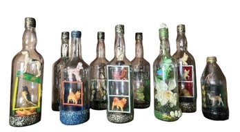 Nine Vintage Folk Art Whimsical Bottles
