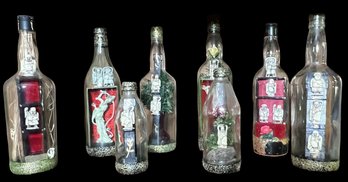 Eight Vintage Folk Art Whimsical Bottles