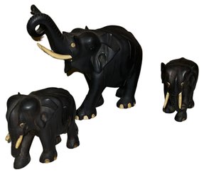 Three Wooden Vintage Elephants