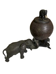 Anglo Raj Carved Ebony Elephants And White Metal Elephant- Shippable
