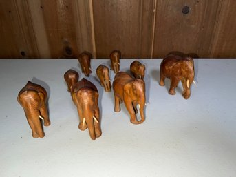 Nine Wooden Vintage Elephants- Shippable