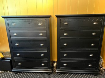 Matching Pair Of Tall Black Five Drawer Chests