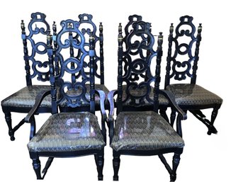 Six Vintage Sturdy Black With Gold Accent Chairs