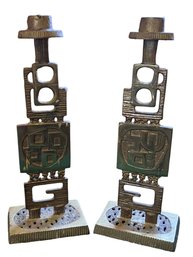 Pair Of Vintage Bhadra Brass Candlesticks-shippable