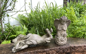 Outdoor Vintage  Cement Dog And Angel Decor