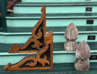 Antique Architectural Carved Wooden Pieces And Pair Large Finials